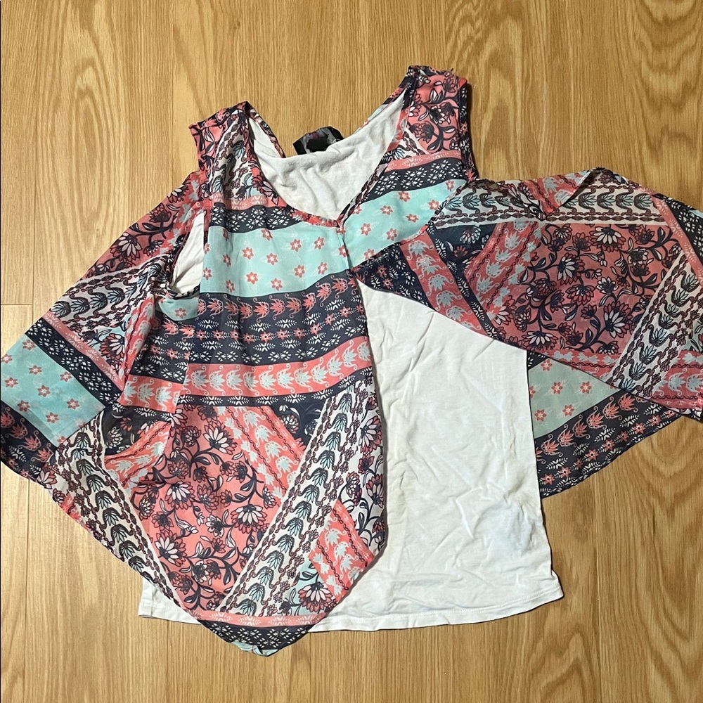 By & By Girl White Tank Top with Coral & Teal Boho Overlay - size girls Large